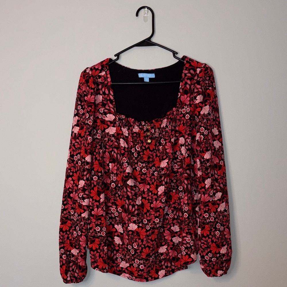 Red Floral Draper James Scoop-Neck Long Sleeve Women's Top Large